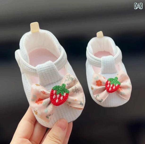 First Shoes - ベビー 女の子 靴 春秋 プリンセス 学歩鞋 布製 綿素材 透気 防滑 柔軟 足入れ 魔術テープ 丁字型 かわいい 蝶結び ピンク ブルー ミルクホワイト ストロベリー プリンセススタイル 室内履き 柔らかい靴底 軽量 足守り 赤ちゃん用 足先保護