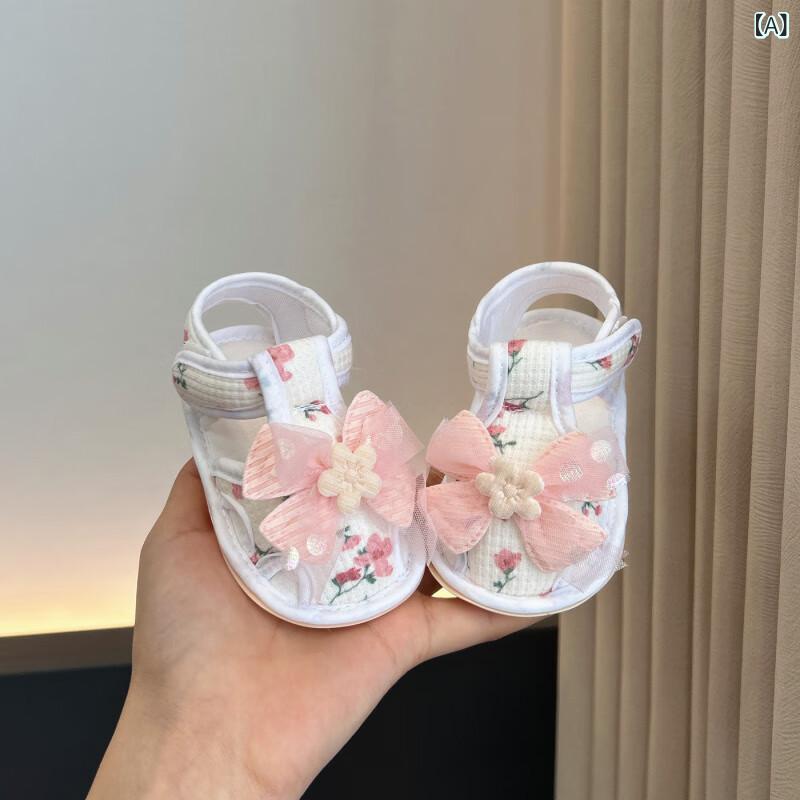 ベビーサンダル 女の子 6-12ヶ月 夏用 柔らか底 学歩鞋 歩き始め ピンク系 白 綿布 ゴム底 透気 防滑 魔術貼 花柄 植物プリント プリンセス風 カジュアル 軽量 柔軟 室内外