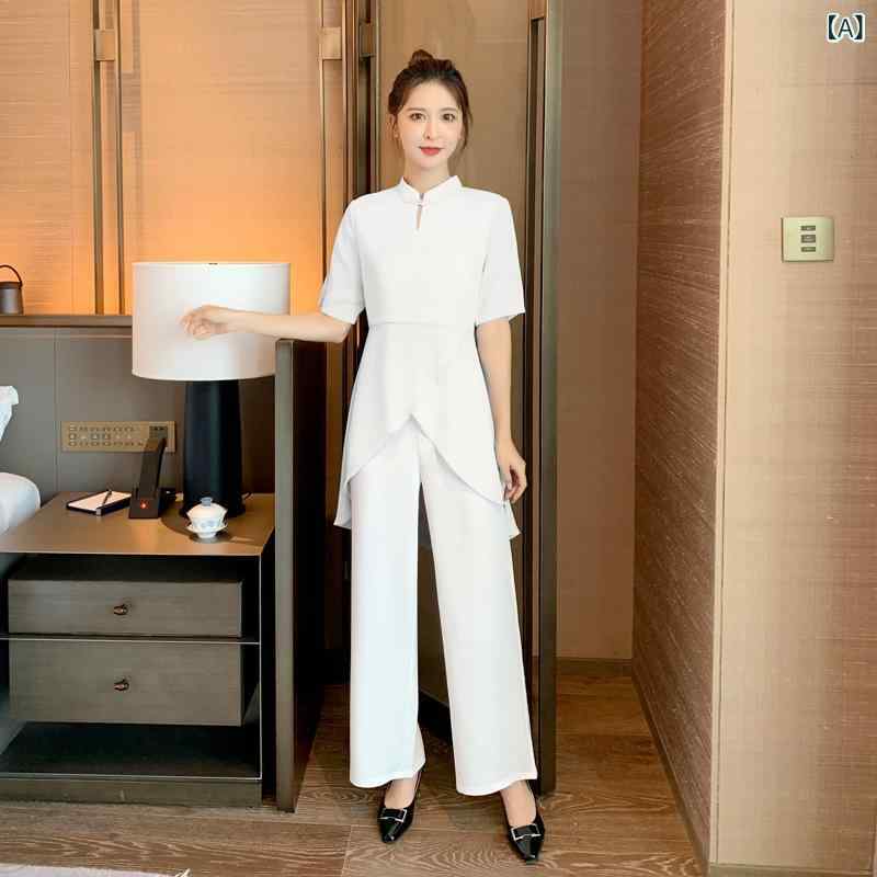 作業服 女性用 中袖 美容師 技師 セットアップ 立領 吸湿排汗 雪纺 ポリエステル 再生繊維 ホワイト グリーン ピンク ブルー 通勤 ホテル 足浴店 スパ 気質 エレガント 長ズボン