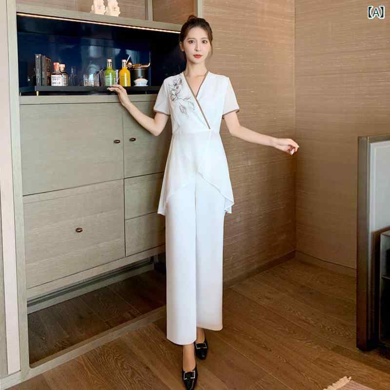 作業着 女性用 足浴技師 足疗店 美容師服 セット 刺繍 短袖 Vネック 長ズボン 吸湿...