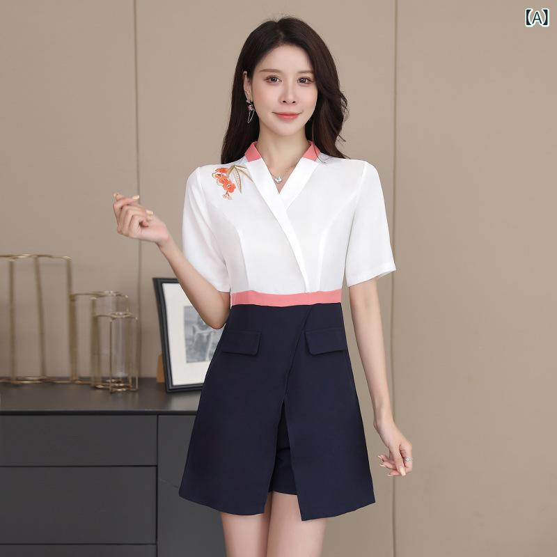 技師服 レディース スカートパンツセット 短パン 短袖 翻領 中長丈 吸湿排汗 ポリエステル 濃紺 四季通用 通勤 ホテル スパ 気質 優雅 作業着 ユニフォーム