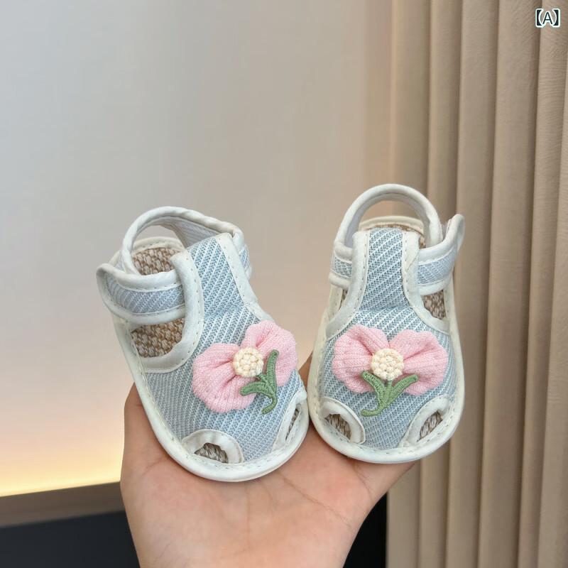樂天商城 - ベビー 女の子 靴 夏季 学歩 クッションソール 軽量 薄手 メッシュ 綿布 通気性 防滑 ゴム底 魔術テープ ピンク ブルー イエロー 花柄 植物柄 花結び 花飾り かわいい 足裏保護 柔らか 室内外 普段使い 春夏 赤ちゃん サンダル 子供用 歩行練