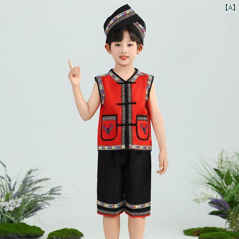 キッズ 民族舞踊 衣装 子供 表演服 苗族 壮族 彝族 佤族 馬甲 開衫 セット 化繊混紡 醋酸繊維 プリーツ加工 毛羽加工 春 赤 黒 ヘッドドレス スカート ズボン 中大児 110-160cm