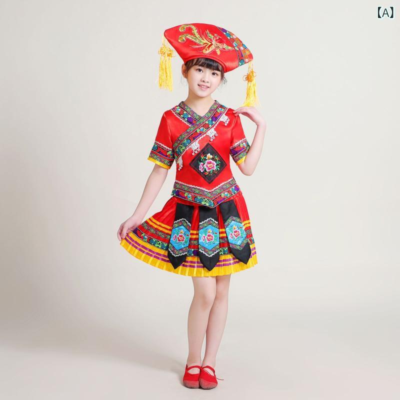 子供 民族舞踊 衣装 女児 男児 キッズ ダンス衣装 演出服 少数民族風 苗族 セットアップ 花辺 切り替え 化繊混紡 ヴィロン繊維 プリーツ加工 起毛加工 赤 ローズピンク ライトブルー 紫 ネイビー 短丈 長丈 通年使用