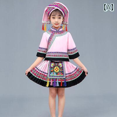 キッズ 民族衣装 ダンス衣装 子供 男女兼用 苗族 侗族 土家族 彝族 少数民族 コスチューム セット かわいい 花辺 麻 再生繊維 ピンク ブラック イエロー レッド 無袖 帽子付き 通年使用
