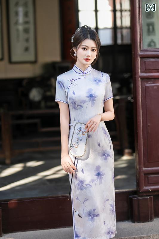 チャイナドレス レディース ロング丈 ワンピース 立領 短袖 高開衩 紫色 春夏 印花 流蘇 切り替え 腈纶 ポリエステル 再生繊維 微弾力 ミドルスリット 斜襟 フレアシルエット 復古 中国風 ロングドレス イブニングドレス 宴会用 写真映え 華やか