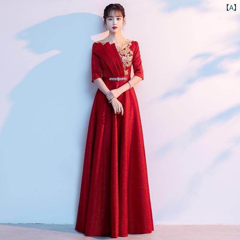 ・袖丈: 中袖・カラー展開: 赤、青、シルバーグレー、金・サイズ展開: XS、S、M、L、XL、XXL、XXXL・スカート丈: ロング・ディテール: 紐・シルエット: スリム