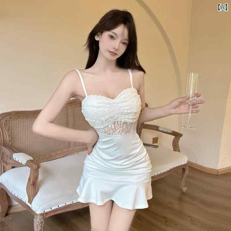 ワンピース レディース セクシー ワンピース 包臀スカート 吊り帯ドレス 短め丈 ハイウエスト 切り替えデザイン レース 透け感 一文字領 無袖 高腰 ピタシルエット 私服 かわいい 秋 秋冬 コットンポリエステル 白色 ブラック ブルー 通勤 普段使い