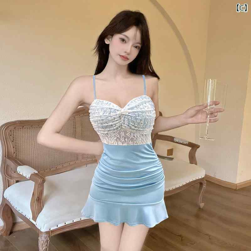 narukiのワンピース レディース セクシー ワンピース 包臀スカート 吊り帯ドレス 短め丈 ハイウエスト 切り替えデザイン レース 透け感 一文字領 無袖 高腰 ピタシルエット 私服 かわいい 秋 秋冬 コットンポリエステル 白色 ブラック ブルー 通勤 普段使い｜アングル3