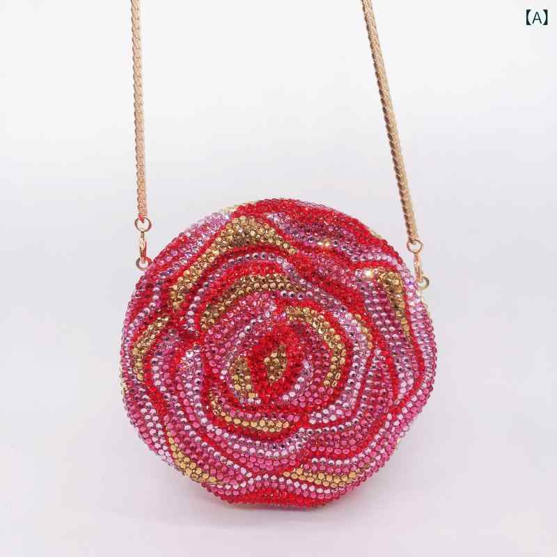 ハンドバッグ 女性用 丸型 花モチーフ フルジルコニア クラッチバッグ 夕べ用 パーティー用 金属製 硬め 立体形状 花柄 ハンドメイド 赤 赤系 金カラー ゴールド ブルー系 シャンパンカラー 紫 グレー ライトブルー 日常使い 宝石風 証件収納 フッ