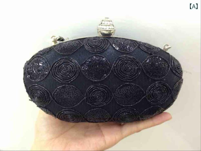 クラッチバッグ 椭円形 レース イブニングバッグ 手持ちバッグ 無地 ブラック ゴールド シルバー ブラウン 硬め ステレオバッグ 掛钩開閉 証件袋内ポケット レース装飾 コットン風 デイリーコーデ パーティー用 チャイナドレス コーディネート 春夏 女