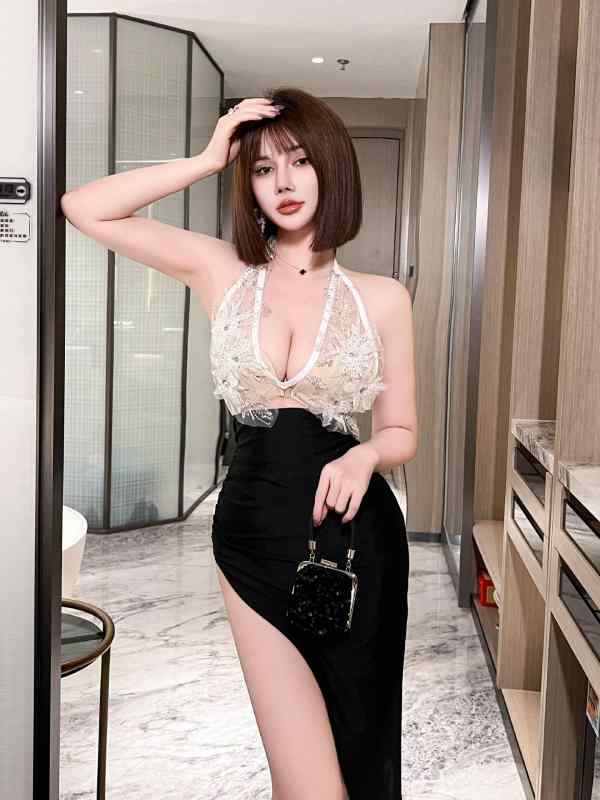 乐天商城 - ワンピース レディース 深Vネック ハングネック サイドスリット 中長丈 無袖 伸縮性 接触冷感 ブラック セクシー スリム スタイル 夏 私服 名媛風 高級感 軽量 通勤 普段使い