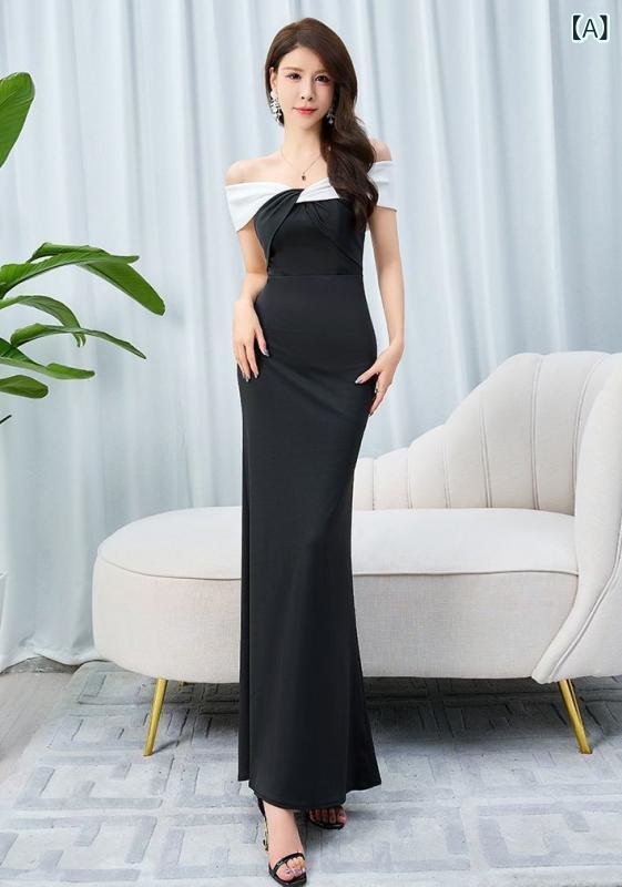 Rakuten - ワンピース 女性用 黒 赤 ロングドレス 魚尾 片肩 短袖 中腰 修身 パーティー 宴会 長款 純色 涤纶 接触冷感 軽量 夏 春夏 通勤 普段使い 高級感 ビッグシルエット