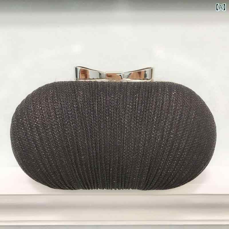 イブニングバッグ 女性用 クラッチバッグ 楕円形 合成皮革 チェーンショルダー リボン プリーツ加工 ハンドバッグ クラッチ ポシェット 収納 硬質 小型 ブラック ゴールド シルバー 純色 欧米風 磨砂加工 ポリエステル 涤纶 ステレオバッグ シングル