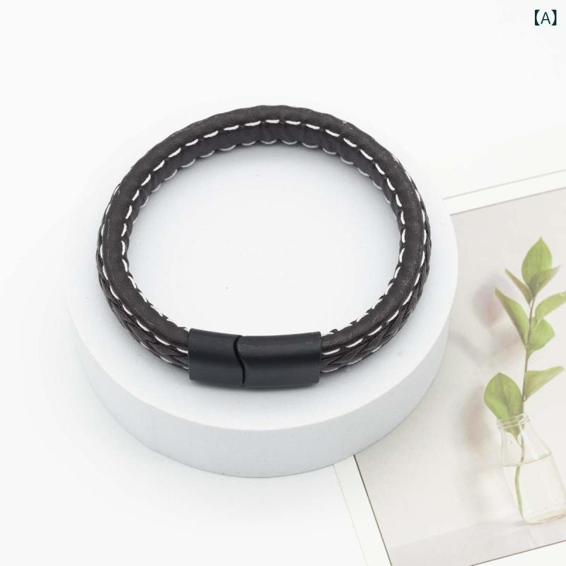 メンズ 手首アクセサリー 偽皮 レザー ヴィンテージ 手編み 皮紐 ブレスレット ステンレス リング 手環 ブラック ブラウン ゴールド シルバー 切り替え 幾何学 春季 軽量 普段使い カジュアル