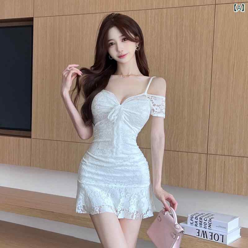 Rakuten - ワンピース レディース セクシー レース 切り替え ショート 包臀 ハイウエスト Vネック ノースリーブ 吊り帯 ワンピースドレス 夏 春夏 接触冷感 ポリエステル 白色 ブラック カーキ ブルー 私服 名媛風 かわいい 軽量 通勤 普段使い