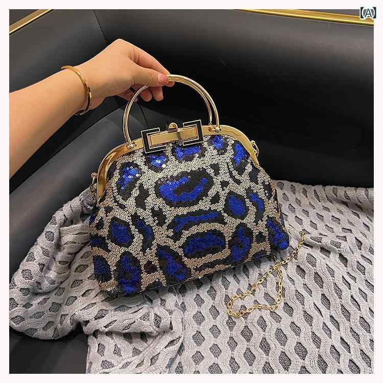 ベセル型 ハンドバッグ 女性用 きらめき 豹柄 チェーン ショルダー 斜めがけ 手持ち ミディアムソフト 街頭潮流 日常使い ブルー ローズレッド ゴールド グリーン 秋 パーティー用 ステレオポケット ジッパー内ポケット 携帯ポケット 車縫いステッチ
