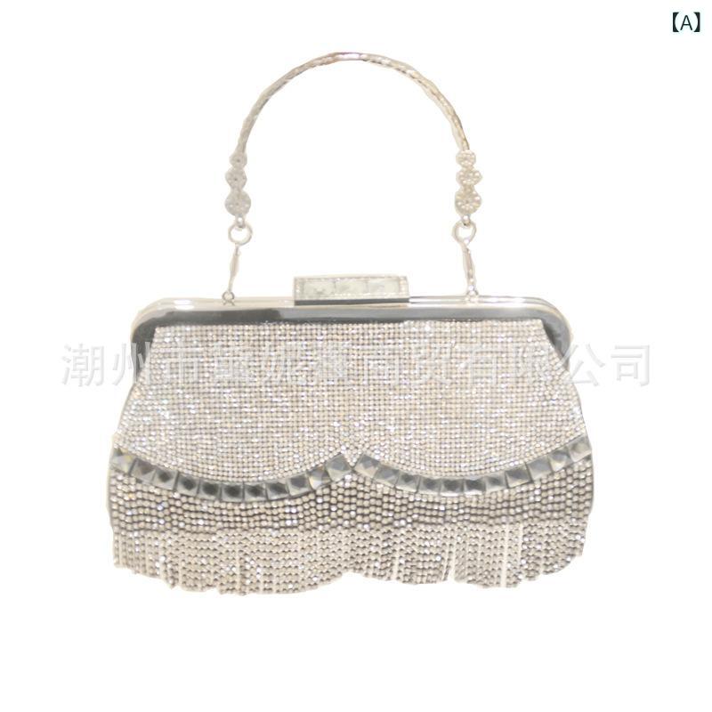 ハンドバッグ 女性用 名媛 パーティー ディナー 夜店 手提げ ファッション トレンド ラインストーン タッセル 小方包 横型 硬め ロック ロック 復古 シルバー ブラック ゴールド 秋冬 日常使い スマホポケット ポケット ポリエステル 裏地 欧米風