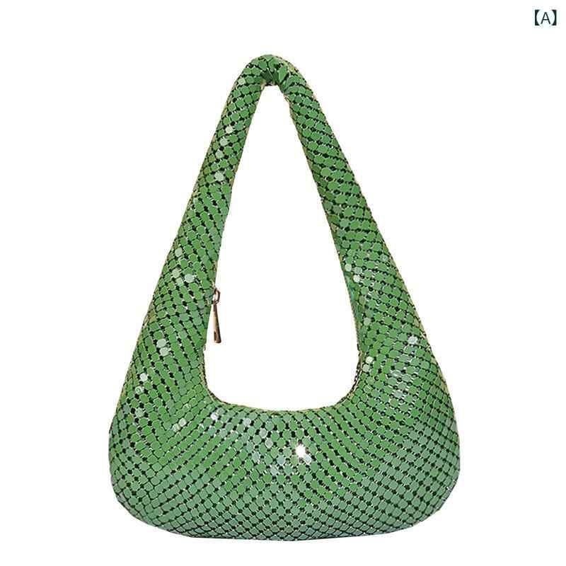 レディース 腋下包 ハンドバッグ ミニバッグ 宴会用 クラブ用 パーティー用 亮片 ラメ 刺繍 迷彩 切り替え デザイン 単肩 ショルダー 手提げ アルミ素材 ポリエステル内装 饅頭型 形状 立体 ソフト 硬度 ジッパー開閉 スマホポケット 翠緑 ダーク