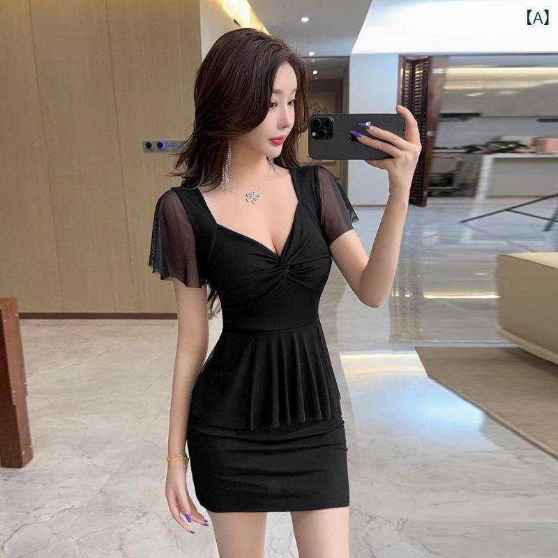 Rakuten - ワンピース レディース セクシー 低胸 Vネック 網纱 切り替え フェザースリーブ 短袖 包臀 短スカート 低腰 黒 ピンク 紫 夏 接触冷感 聚酯 かわいい 私服 普段使い 通勤
