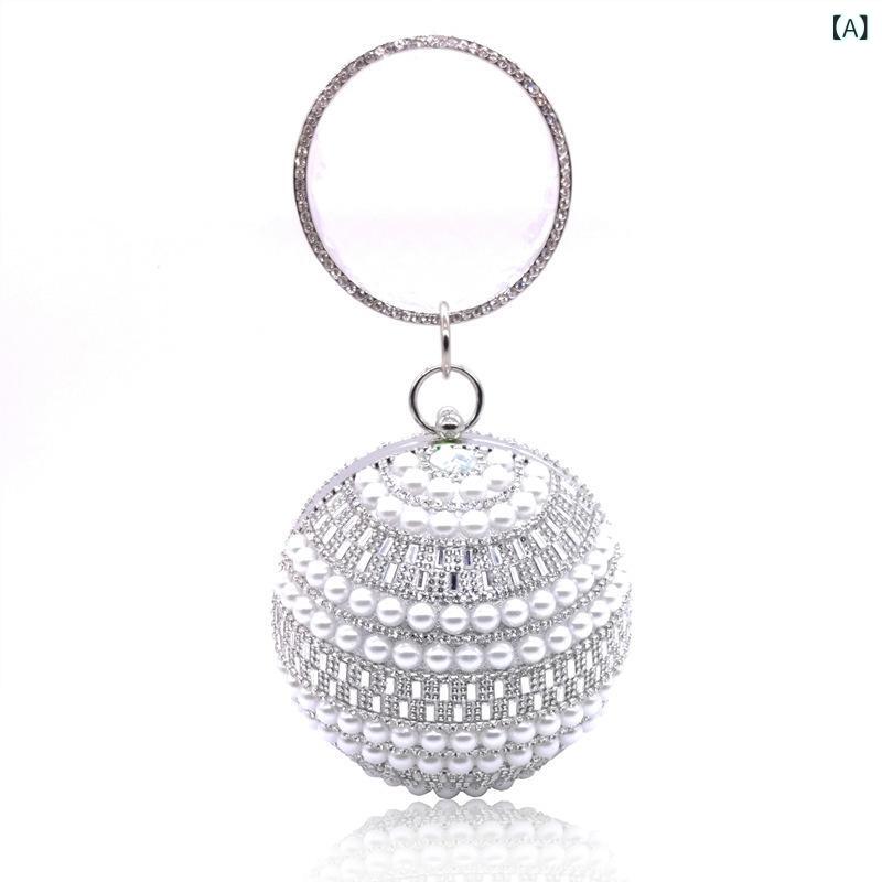 クラッチバッグ 女性用 丸型 アクリルパール 銀色 金色 ハンドメイド メタリック 硬質 化粧ポーチ 普段使い ドレスアップ ショルダー トレンド フォーマル ラグジュアリー コンパクト アクセサリーケース