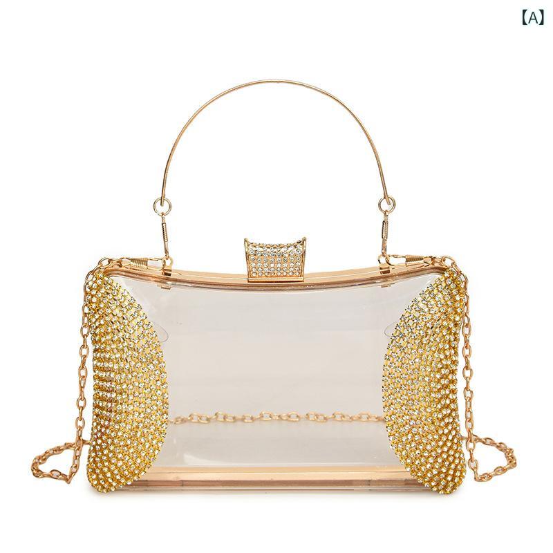 バッグ 女性用 ハンドバッグ ミニバッグ ショルダーバッグ チェーンバッグ 斜めがけバッグ 秋 秋冬 軽量 硬め アクリル素材 横型方形 ロック開閉 鎖メタル 金色 銀色 日常使い 街中パーティー 高級感