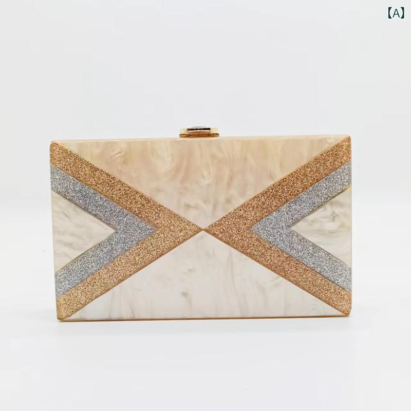 ハンドバッグ 女性用 シングルショルダー 斜めがけ クラッチバッグ 珠光 アクリル 板 幾何学 切り替え 硬質 小方包 縦型 香槟色 撞色 ロック コットン内装 携帯収納 日常使い 欧米風 レトロ 結婚式 パーティー