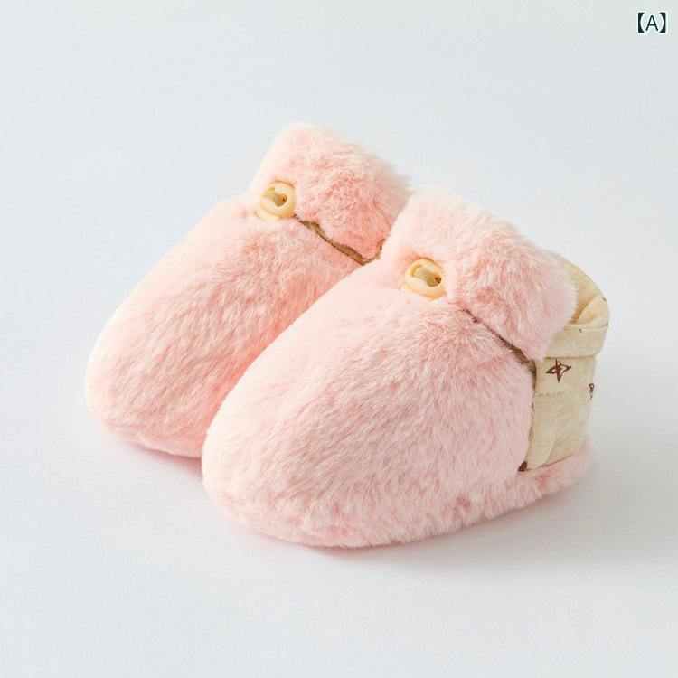 Shoes - ベビーシューズ 女の子用 冬用 加厚保暖 毛绒 柔らかい底 学歩用 低筒 翻边 すべり止めなし ピンク ベージュ カーキ 絨面 綿素材 通気性 柔らかい かわいい 室内履き 赤ちゃん用