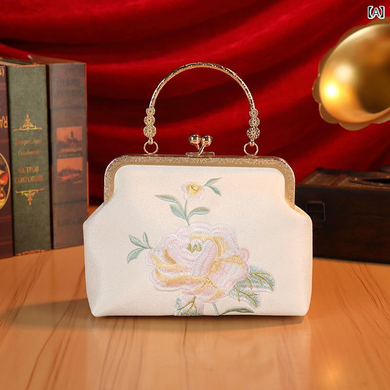 チャイナドレス 小方包 女性用 花柄刺繍 ビーズ装飾 チェーンショルダー 貝殻型 米白色 接触冷感 軽量 中軟 日常使い 普段使い 文艺風 鎖扣 証件収納 切り替えデザイン 夏 春夏 通勤 カジュアル