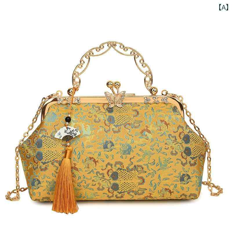 チャイナドレス ハンドバッグ 金色 ピンク グレー 刺繍 流蘇 鎖具 中華風 シルク 小方形 縦型 鎖扣 開閉 携帯ポケット カメラポーチ 中偏軟 日常使い 復古 ハンドヘルドバッグ ショルダーバッグ
