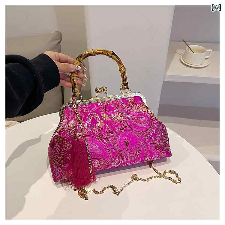 チャイナドレス 女性用 手提 ショルダーバッグ 小方包 貝殻型 刺繍 チェーン 布製 布地 メンズ レディース ピンク系 赤 黒 銀色 日常使い 軽量 中偏軟 立体袋 カード開閉 携帯ポケット カードポケット 夏 春夏 秋夏