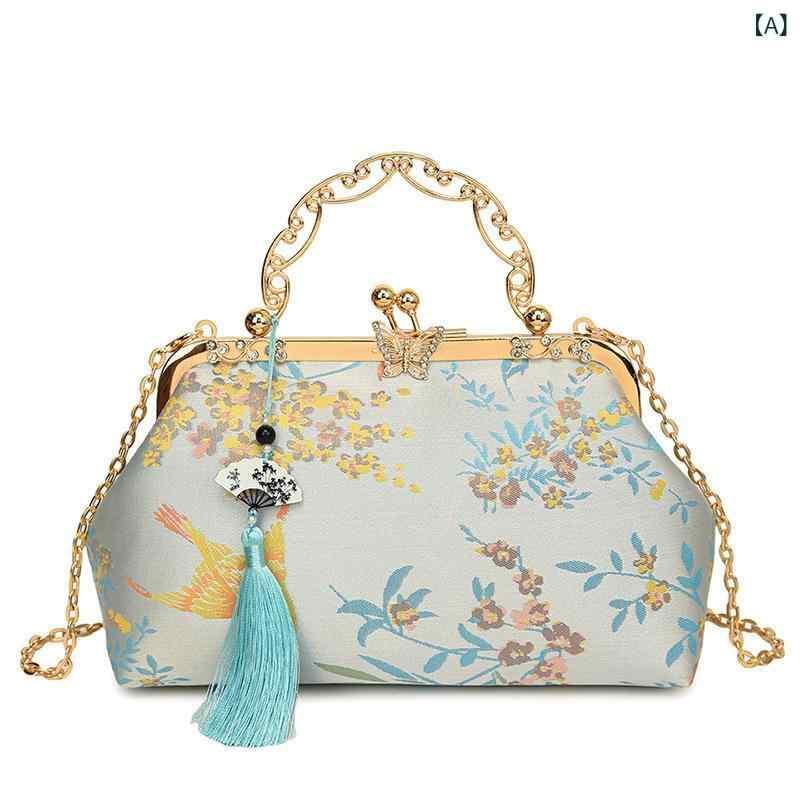 ハンドバッグ 女性用 ベイシェル型 帆布 小型 鎖扣開閉 刺繍 流蘇 チェーンショルダー 国風 秋季 ブルー ゴールド ピンク グレー 日常使い 柔らか シングルストラップ カードポケット付き インナーポケット ポリエステル内装