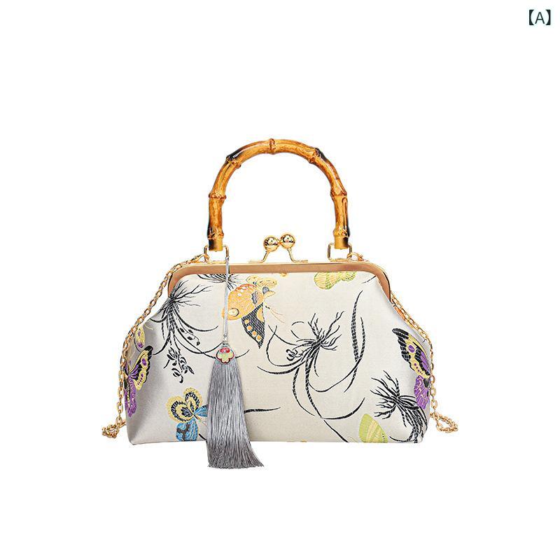 チャイナドレス ショルダーバッグ 刺繍 流蘇 チェーン 竹節 ベーシック型 貝殻型 中型 織物 涤纶 銀色 金色 ピンク系 ブラック パープル 日常使い 普段使い 女性用 大容量 手提 斜め掛け 柔らか素材 シングルストラップ カードポケット 携帯ポケッ