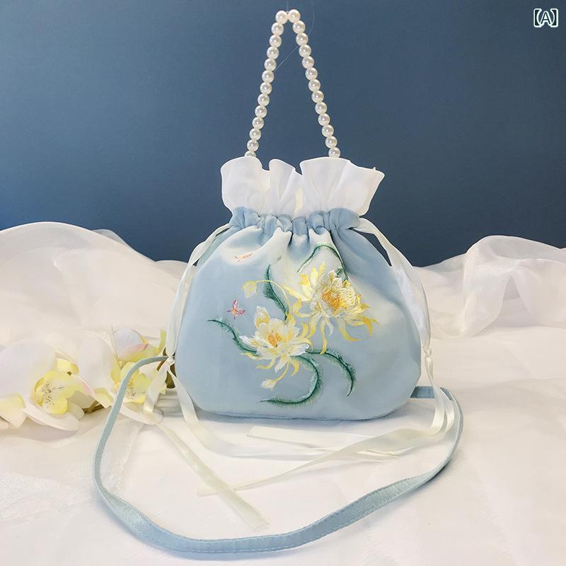 ハンドバッグ 国風 刺繍 花柄 珍珠 花辺 抽绳 斜めがけ 巾着 水桶型 小型 丸型 柔らか ポリエステル コットン ライニング 日常使い かわいい 和風