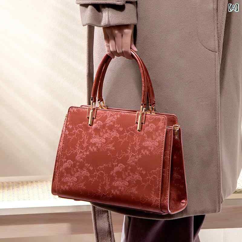 トートバッグ 女性用 中型 赤 刺繍 提花 中国風 横型 方形 PU素材 ポリエステル内張り ジッパー開閉 携帯ポケット ジッパー挟袋 中偏軟 シングルショルダー 日常使い 大容量 気質 ママバッグ 春用