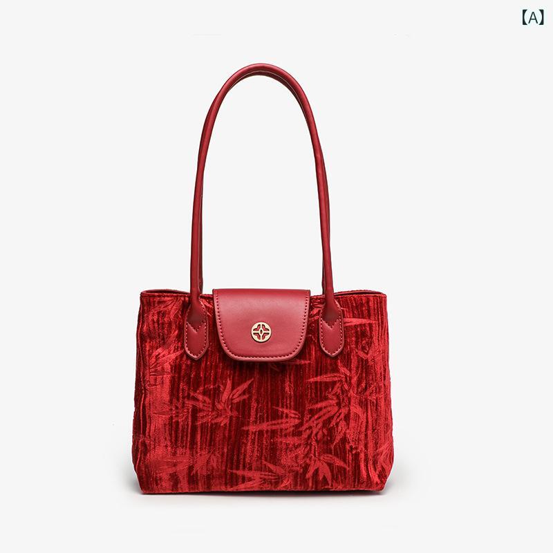ウェディングバッグ 女性用 赤 国風 キャンバス 横型 大型 腋下バッグ シングルショルダーバッグ ショルダーバッグ トートバッグ 秋 印花柄 ポリエステル裏地 ソフト ステレオポケット 日常使い 拉链開閉 携帯ポケット カードポケット