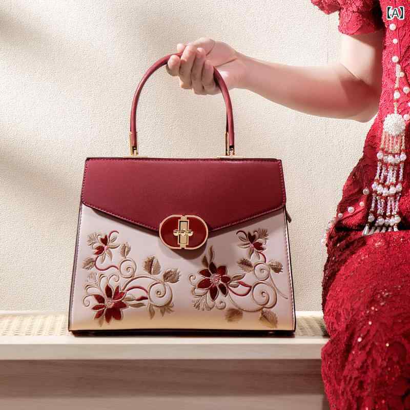 結婚バッグ ウェディングバッグ 手提げバッグ ショルダーバッグ トートバッグ ミディアムサイズ 横型 方形 赤 刺繍 油蝋皮 PUレザー 涤纶裏地 包蓋式 ジップ暗袋 携帯ポーチ カードポーチ 肩掛け 日常使い 通勤 冬 ミッドソフト 高級感 文艺国風
