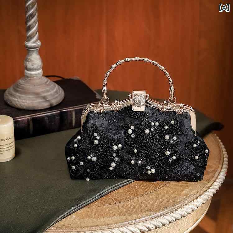 ハンドバッグ レディース チャイナドレス 宴会用 小方包 黒 刺繍 ビーズ 装飾 亮片 ポリエステル チェーン ストラップ ロック 鎖扣 中型 横型 方形 ミディアム 硬度 カード入れ ポケット ダブル 肩紐 日常使い 夏 春夏 通勤 カジュアル