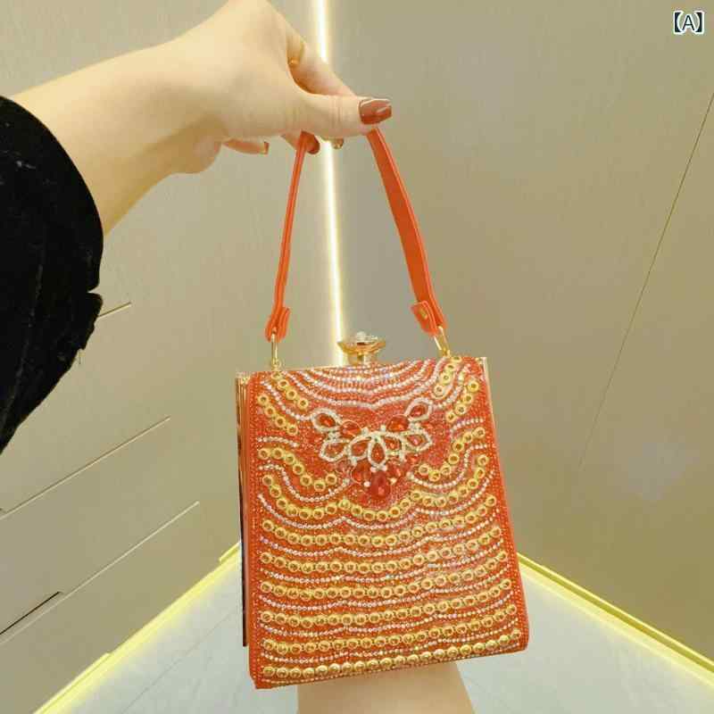 ハンドバッグ 女性用 宴会用 小方包 縦型 ラインストーン付き チャイナドレス対応 シングルショルダー 斜めがけ スマホ収納 カードポケット ロック開閉 硬め ポリエステル内装 白 赤 金 銀 春用 日常使い 通勤 かわいい キラキラ