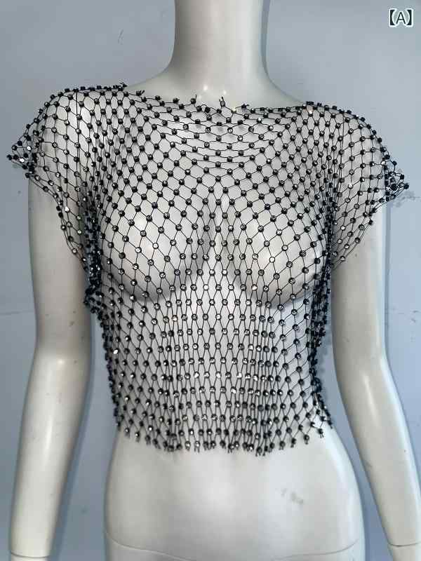 Camisoles - トップス レディース 無袖 キャミソール 背心 セクシー 漁網 メッシュ レース 水晶刺繍 ブラック 短丈 修身 丸首 プルオーバー 街頭風 セクシースタイル 切り替え ポリエステル 秋 接触冷感 伸縮性 高級感