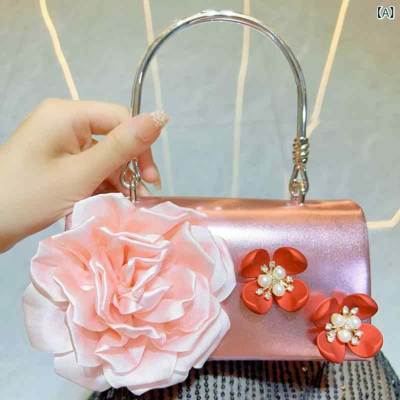 Under Arm Handbags, Pouches - ハンドバッグ かわいい 花柄 小香風 ミニ ボックス型 ショルダー 斜めがけ ミディアムサイズ ピンク ゴールド ブラック ホワイト シルバー 花モチーフ パール 貝殻 装飾 PUレザー ポリエステル裏地 蓋開閉 ソフト 夏 デイリー 普段使い 結婚式