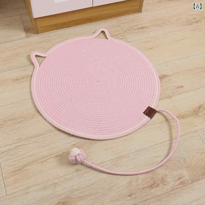 猫爪とぎ マット ペット 猫用 耐摩耗 滑り止め 防止 ストラップ付き コットンロープ おもちゃ付き 円形 丈夫 爪ケア用品