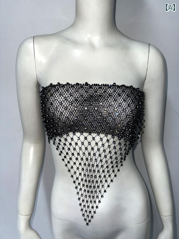 Camisoles - トップス 女性用 網目 ラインストーン セクシー クロップド ストレッチ チューブトップ ブラック 接触冷感 ポリエステル 切り替え 派手め クラブ 私服 春夏 軽量 弾力 中弾 修身 無肩帯 超短丈 ネット スパンコール ハート ピット 辣妹 私服名媛