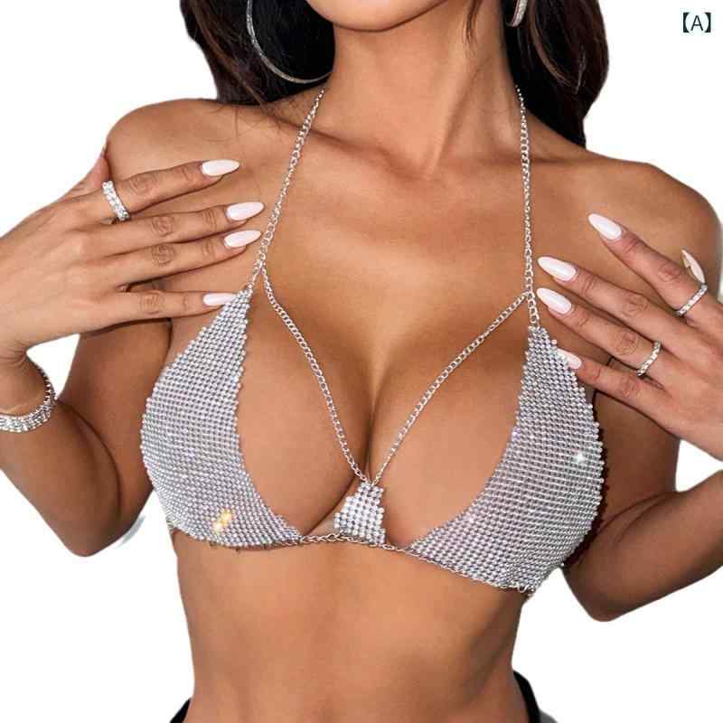 Camisoles - キャミソール レディース 女性用 吊り下げ ハングネック 超短丈 銀色 メタリック 金属素材 水晶装飾 ラインストーン デザイン性 修身 スリムフィット 街頭潮流 セクシー スパイシー 夏 春夏 接触冷感 無弾性 シングルストラップ