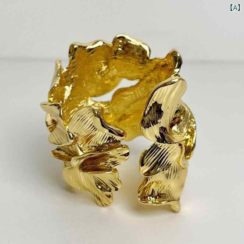Mandarin - 手首アクセサリー 女性用 大きめ 花柄 デザイン 金属 ブレスレット 開き式 切り替え 加工 軽量 幅広 手環 ゴールド シルバー 接触冷感 接触冷感 夏 春夏 秋冬 通勤 普段使い かわいい 高級感 ファッション