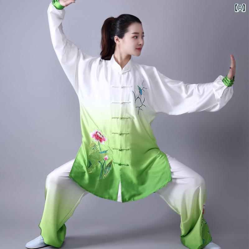 ・カテゴリ: 太極拳服・対象: ユニセックス・柄: グリーングラデーション・主な素材: 南韓シルク（ポリエステル）・用途: スポーツ、フィットネス、武術・カラー展開: グリーングラデーション、グリーングラデーション（ベール付き）・サイズ展開: XS、S、M、L、XL、XXL、XXXL