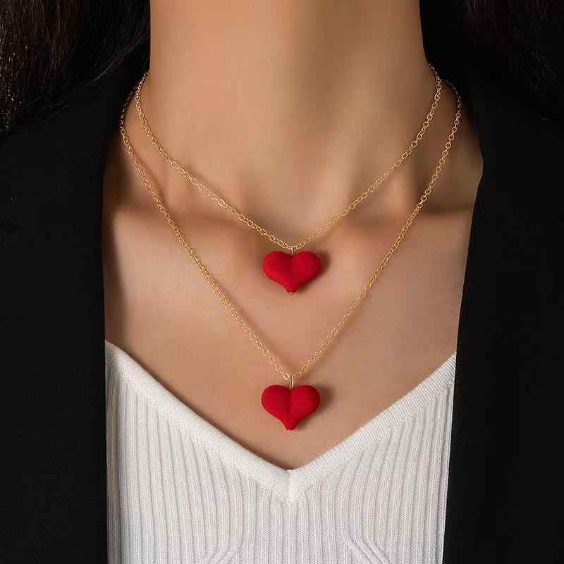 Other , Materials - ネックレス 女性用 赤 絨 ハート タッセル 二層 ペンダント フェス アクセサリー ジュエリー ハンドメイド 欧米風 ファッション 通勤 幾何学 春季 シルク 丸型 楕円 ライン 31cm〜40cm レイヤード