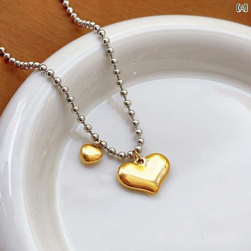 Necklaces, Braclets - ネックレス ハート型 ペンダント 男女兼用 チタン製 電気メッキ加工 金色 シルバー 丸珠チェーン 極簡 ファッション 通勤用 41cm から 50cm ハートチェーン 切り替え カジュアル 軽量 シンプル かわいい ラブリー アクセサリー