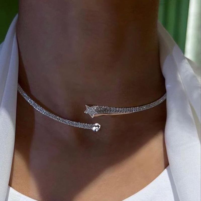 Necklaces, Braclets - ネックレス 女性用 五角星 星形 幾何学 デザイン 水钻 ラインストーン チョーカー 項圈 ゴールド シルバー 冷淡風 クール ミニマル 個性派 アクセサリー 春夏 41cm〜50cm 調整可能 軽量 20g