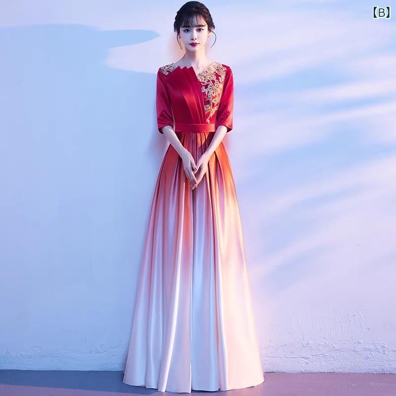 narukiのロングドレス 女性用 卒業式 合唱 朗読 演出服 指揮 独唱 イブニングドレス 夏 接触冷感 ポリエステル グラデーションカラー ブルー系 レッド系 チャイナ風 気品 通勤 ジッパー 切り替え ロング丈 軽量 伸縮性 吸湿速乾 エレガント ステージ衣装｜アングル2